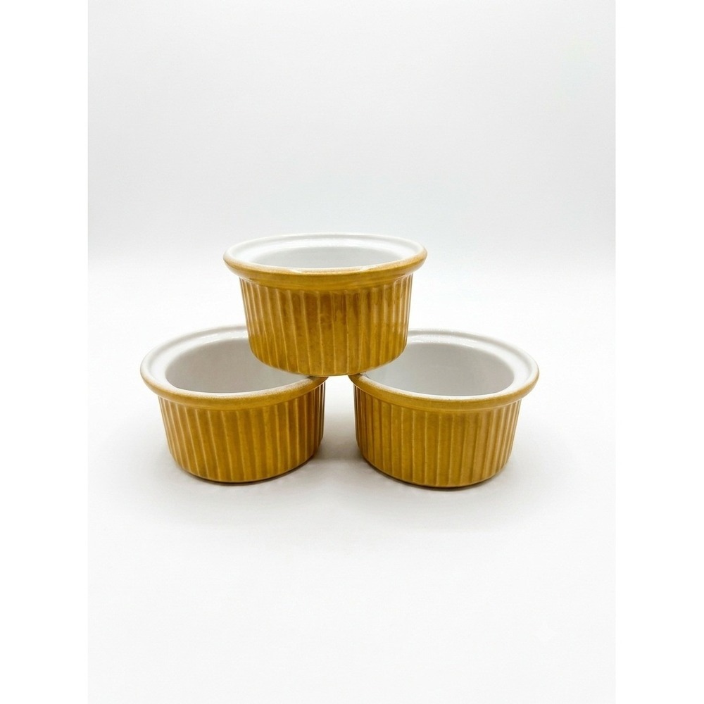 Emile Henry France Ribbed Ramekins Custard Cups Yellow Saffron Set 3 40-08 Vtg.
